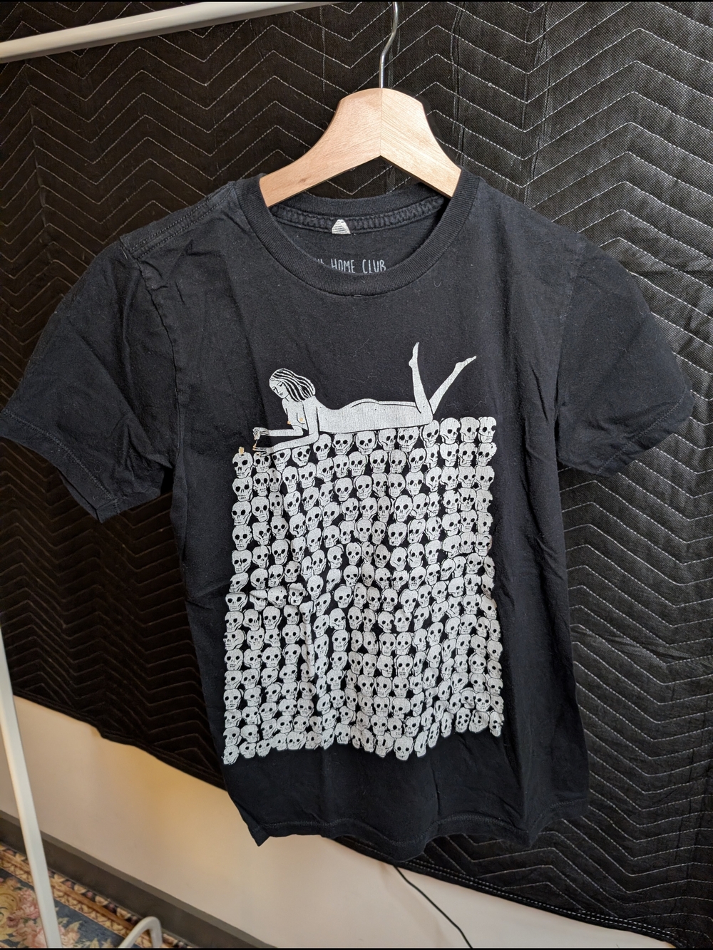 Stay Home Club XS Black Graphic Tee with Skull Block and Reclining Figure